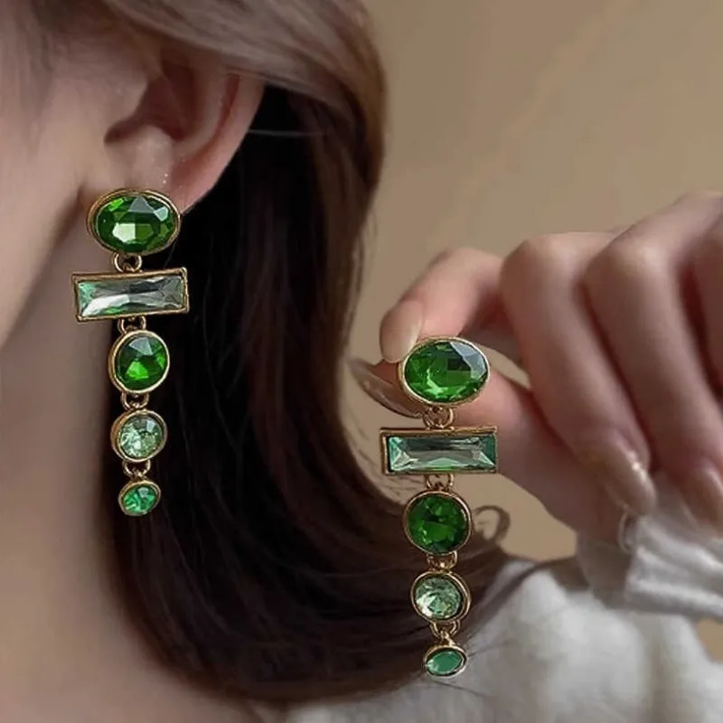 A pair of green gradient geometric earrings with an inlaid zircon stone in a Chinese style.