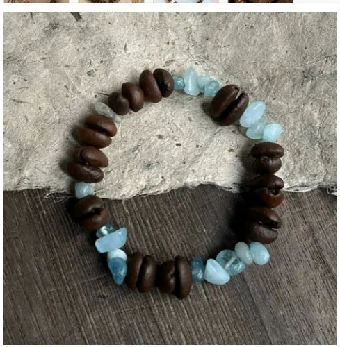 Handmade coffee bean bracelet with 16mm geometric charm showing colour variations