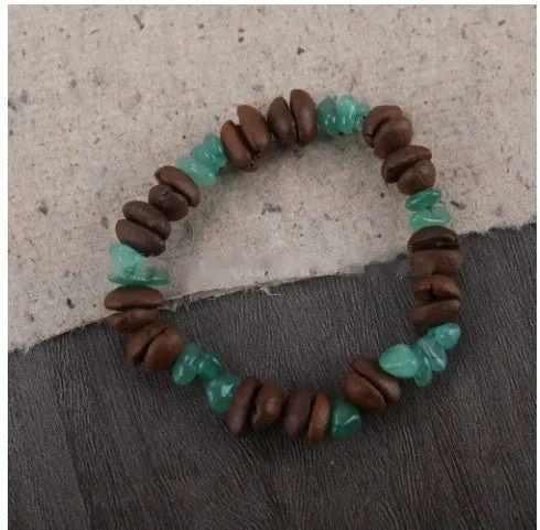 Handmade coffee bean bracelet with 16mm geometric charm showing colour variations