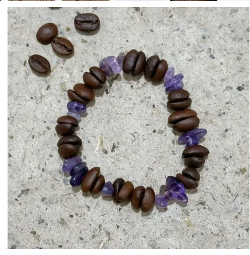 Handmade coffee bean bracelet with 16mm geometric charm showing colour variations