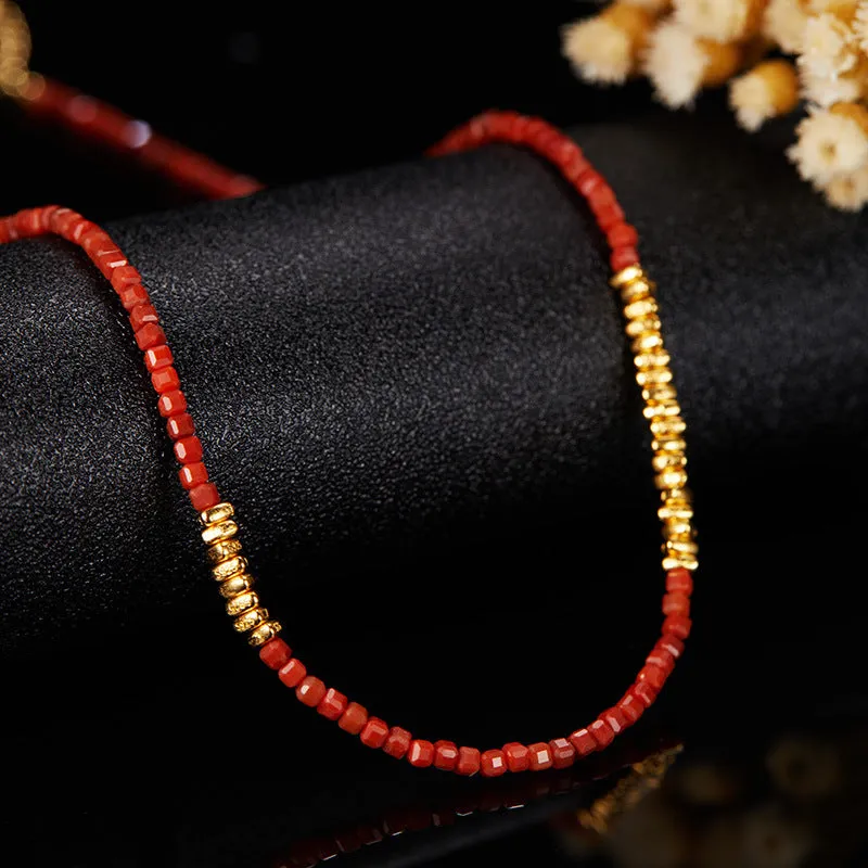 Women's red agate square candy necklace on 925 silver adjustable clavicle chain