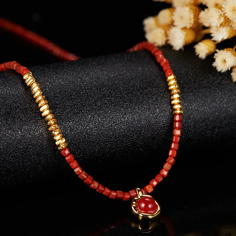 Women's red agate square candy necklace on 925 silver adjustable clavicle chain