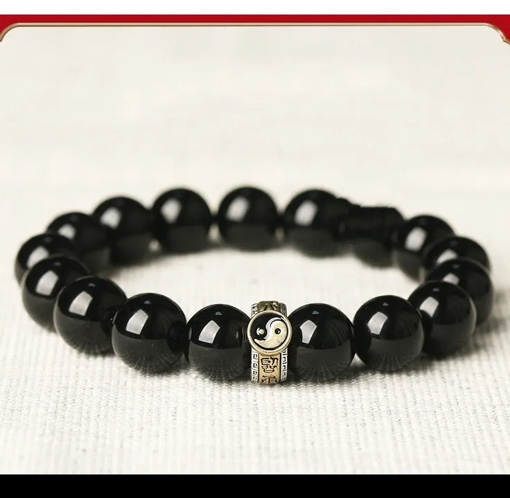 Black stone single ring bracelet for men and women, manual processing, 10mm or 12mm bead size, unisex style