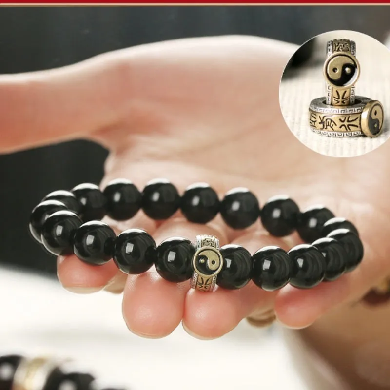 Black stone single ring bracelet for men and women, manual processing, 10mm or 12mm bead size, unisex style