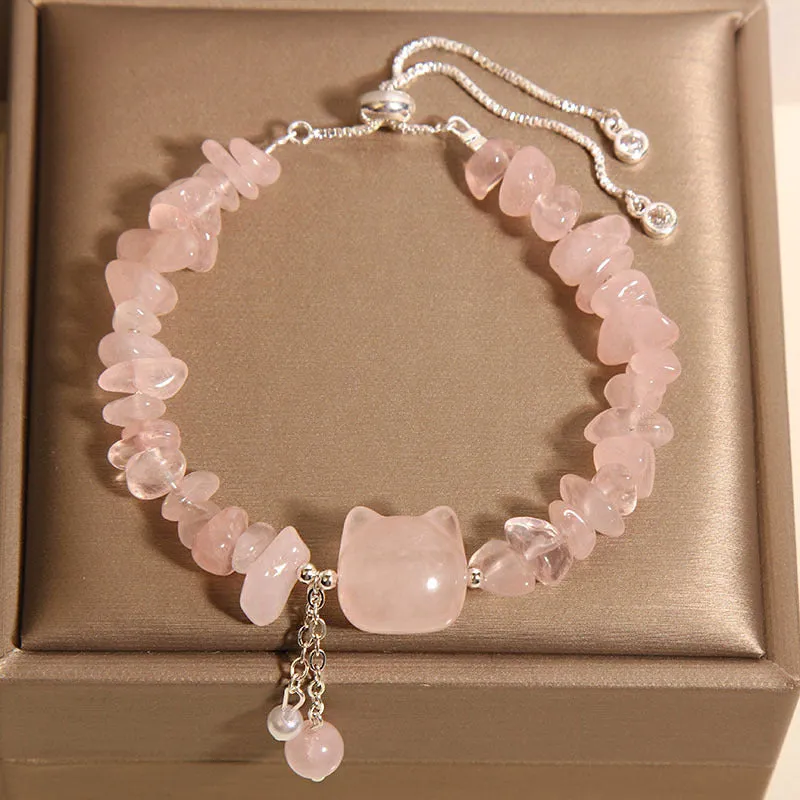Crystal gravel kitten bracelet for women in pink crystal stone beads, light luxury style