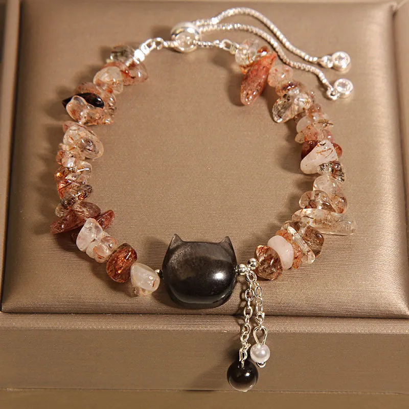Crystal gravel kitten bracelet for women in pink crystal stone beads, light luxury style