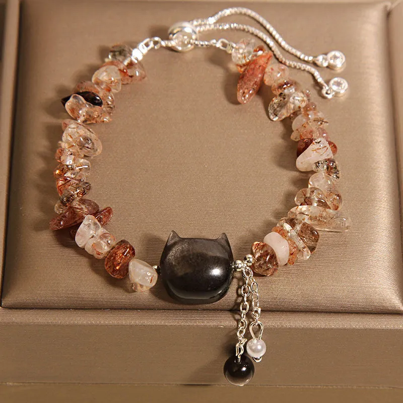 Crystal gravel kitten bracelet for women in pink crystal stone beads, light luxury style