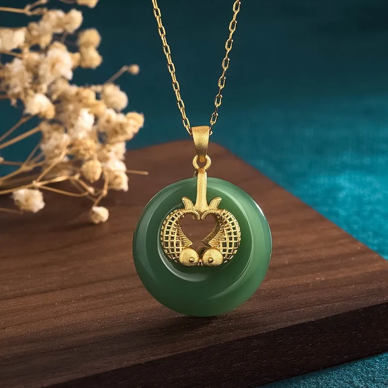 Gold koi necklace with artificial gemstone inlay on adjustable chain, CP571 Green colour, Chinese style