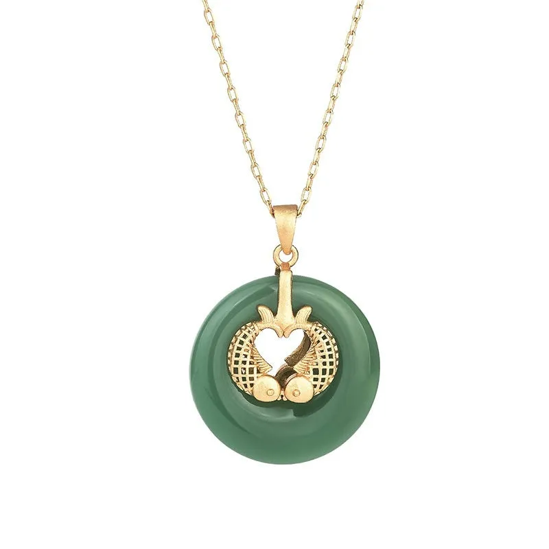 Gold koi necklace with artificial gemstone inlay on adjustable chain, CP571 Green colour, Chinese style