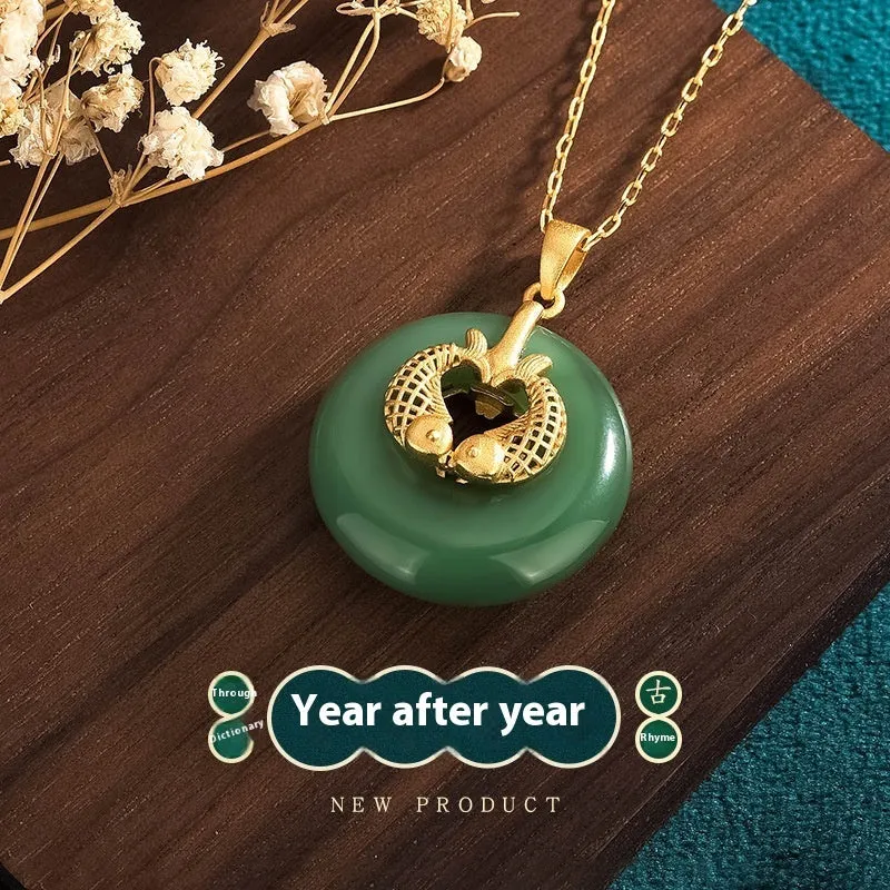 Gold koi necklace with artificial gemstone inlay on adjustable chain, CP571 Green colour, Chinese style