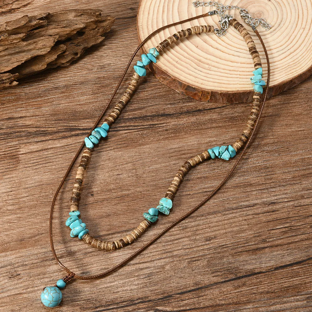 Men's coconut shell turquoise leather necklace with geometric wood and gemstone pendant