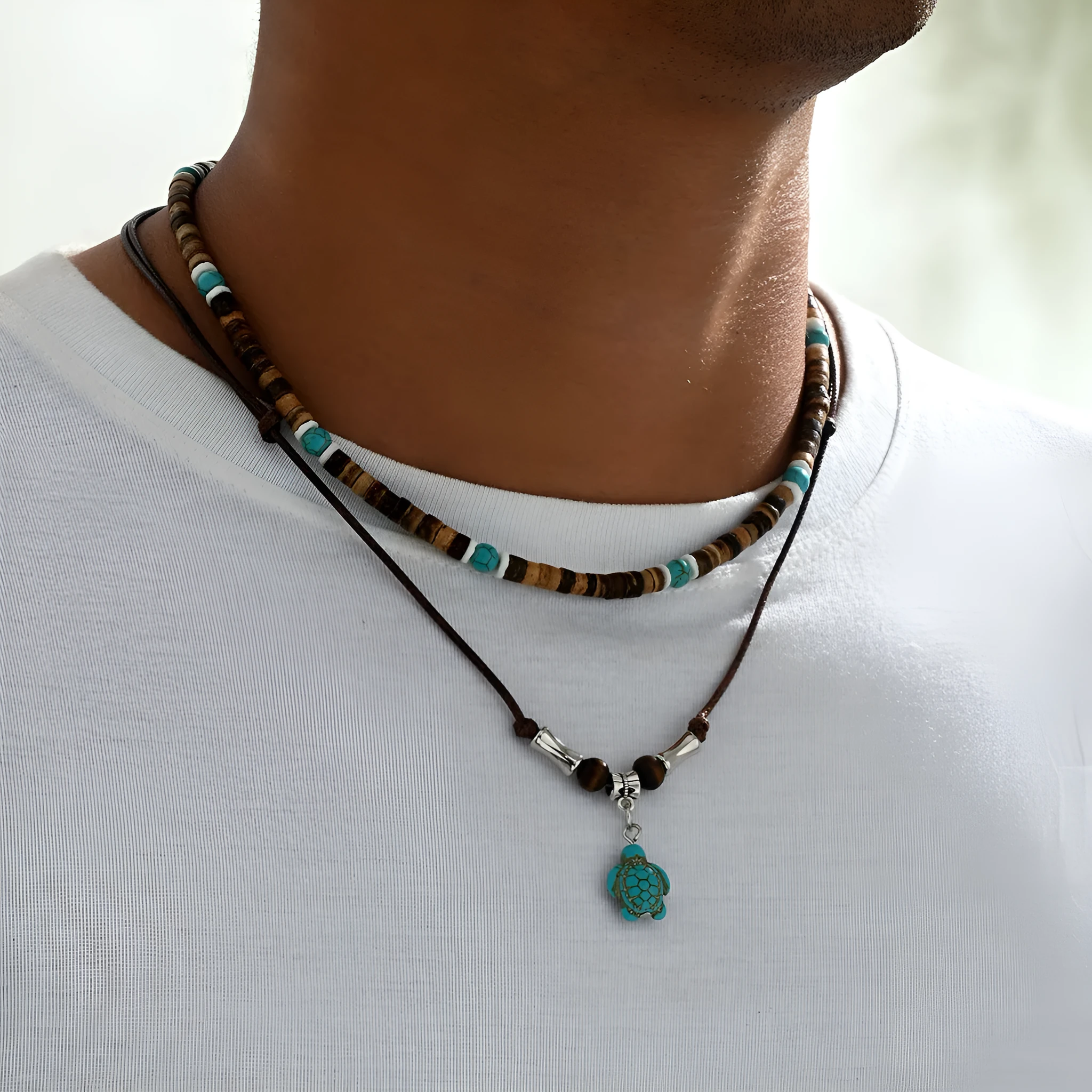 Men's coconut shell turquoise leather necklace with geometric wood and gemstone pendant