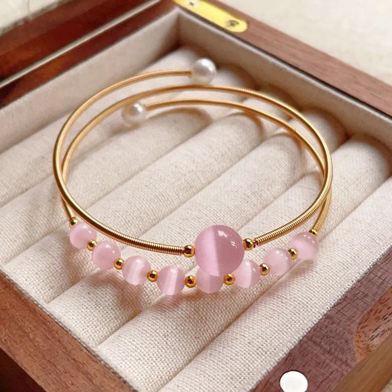 Tiger eye lime moonstone pearl strawberry crystal jade bracelet with red agate double ring Korean style