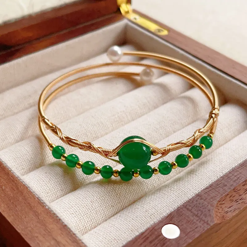Tiger eye lime moonstone pearl strawberry crystal jade bracelet with red agate double ring Korean style
