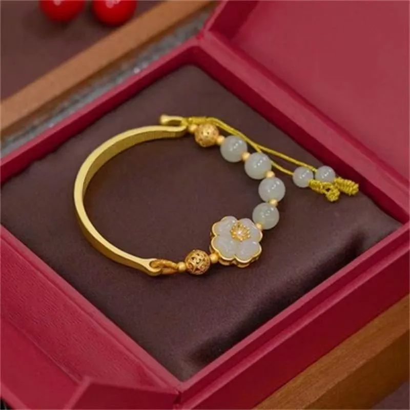 Fashion antiquity hydrangea adjustable bracelet with coloured glaze beads and rabbit pendant on white background