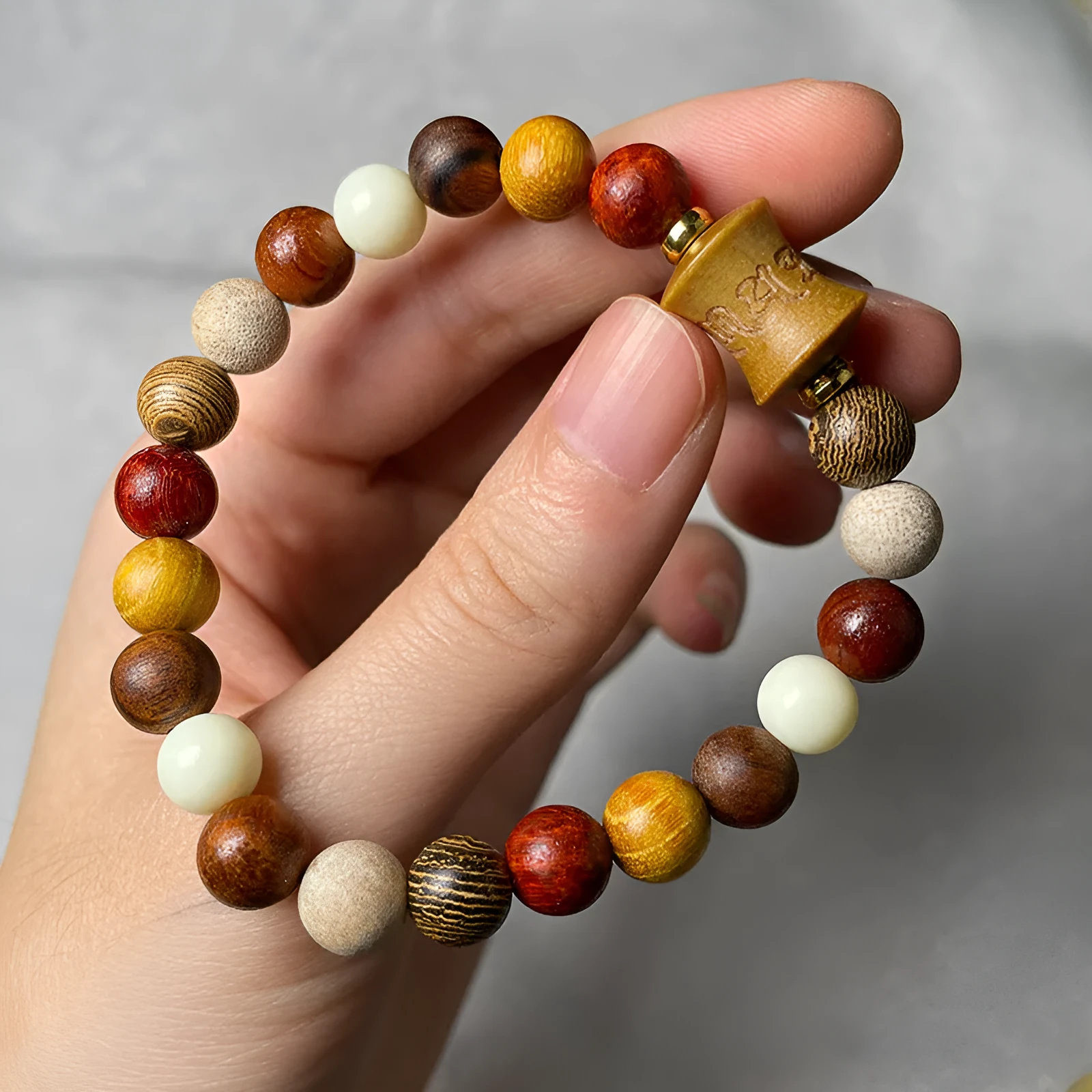 Brown coffee bean bracelet made from wood coconut shell with electroplated finish, unisex geometric style