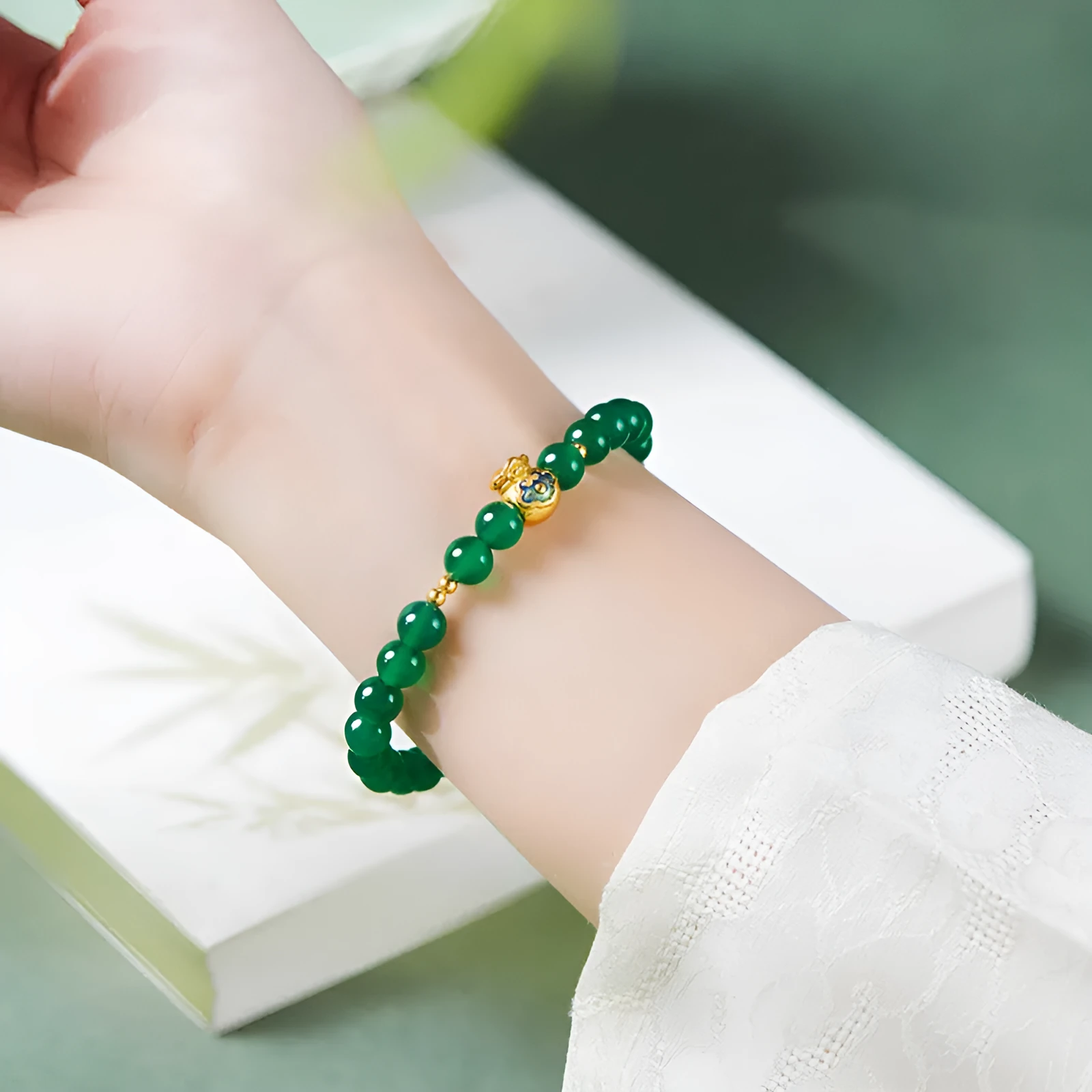 Green turquoise bead bracelet with 8mm geometric beads and silver accent