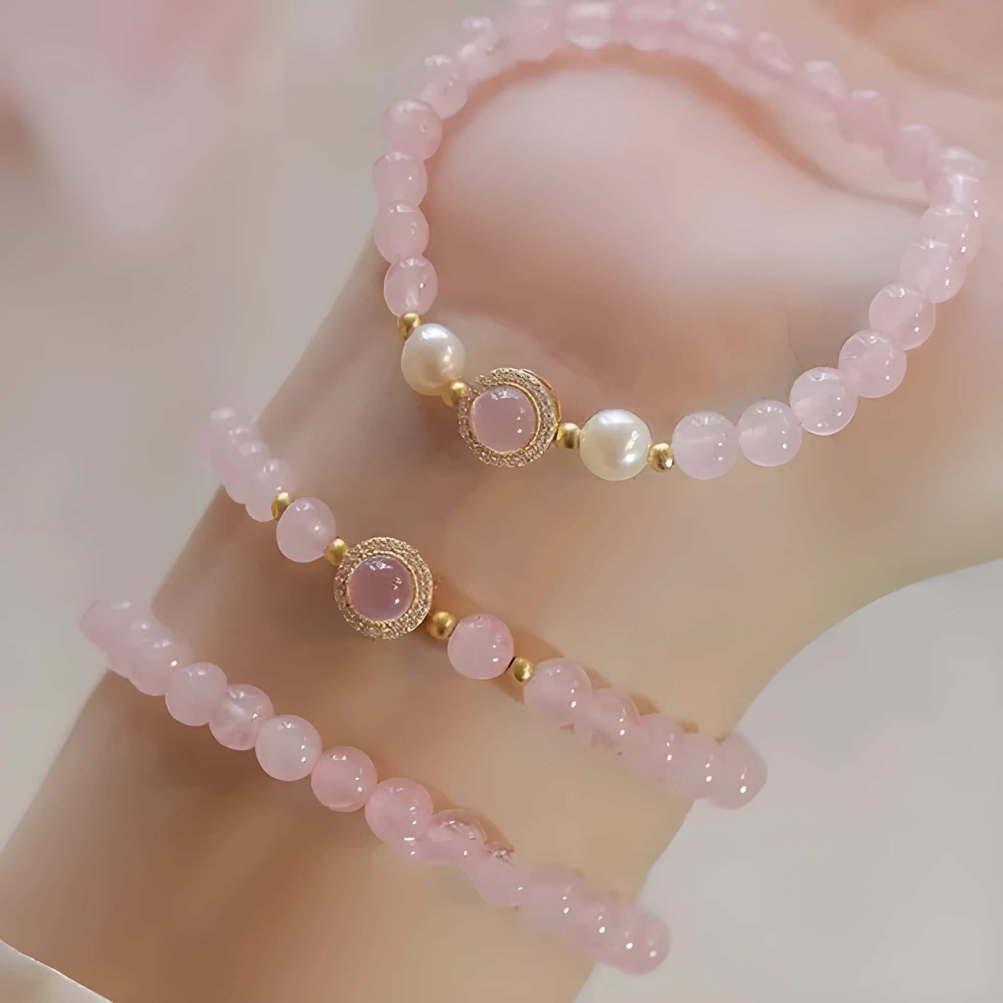 Ladies copper bracelet with Taoji pink crystal beads in natural style on display