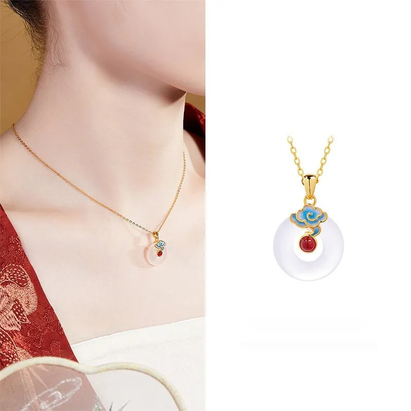 925 silver cold enamel red agate white chalcedony safety buckle pendant clavicle chain necklace on white background