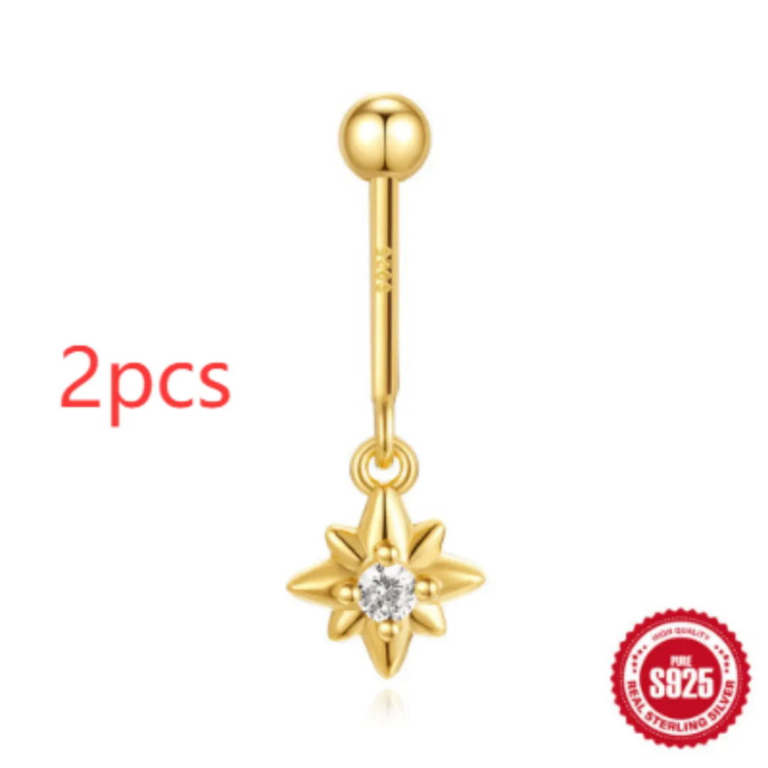 S925 sterling silver snowflake horse eye diamond ball flat back earrings in gold geometric shape on white background