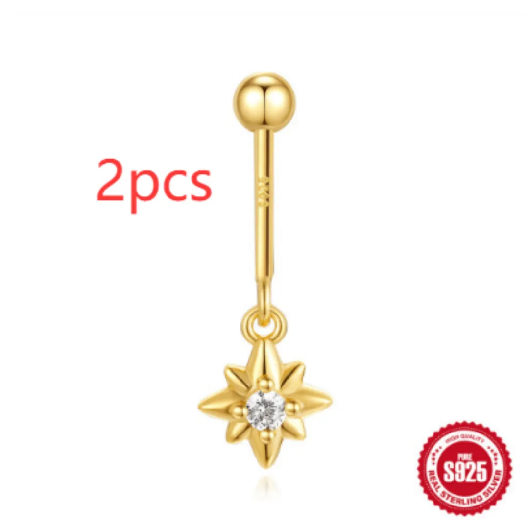 S925 sterling silver snowflake horse eye diamond ball flat back earrings in gold geometric shape on white background