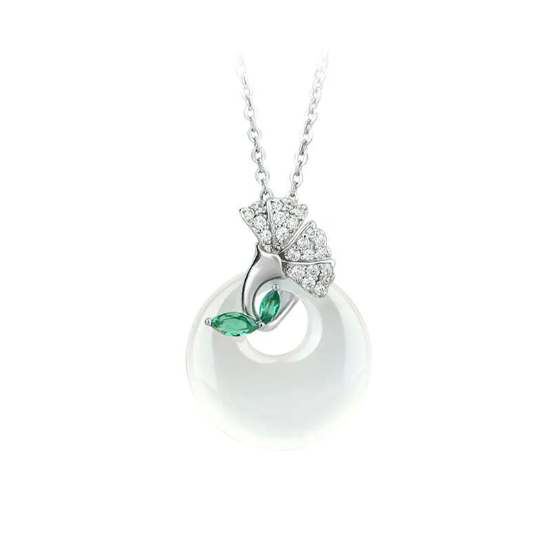 White ginkgo leaf pendant necklace with mixed gem inlay on silver electroplated O-ring chain