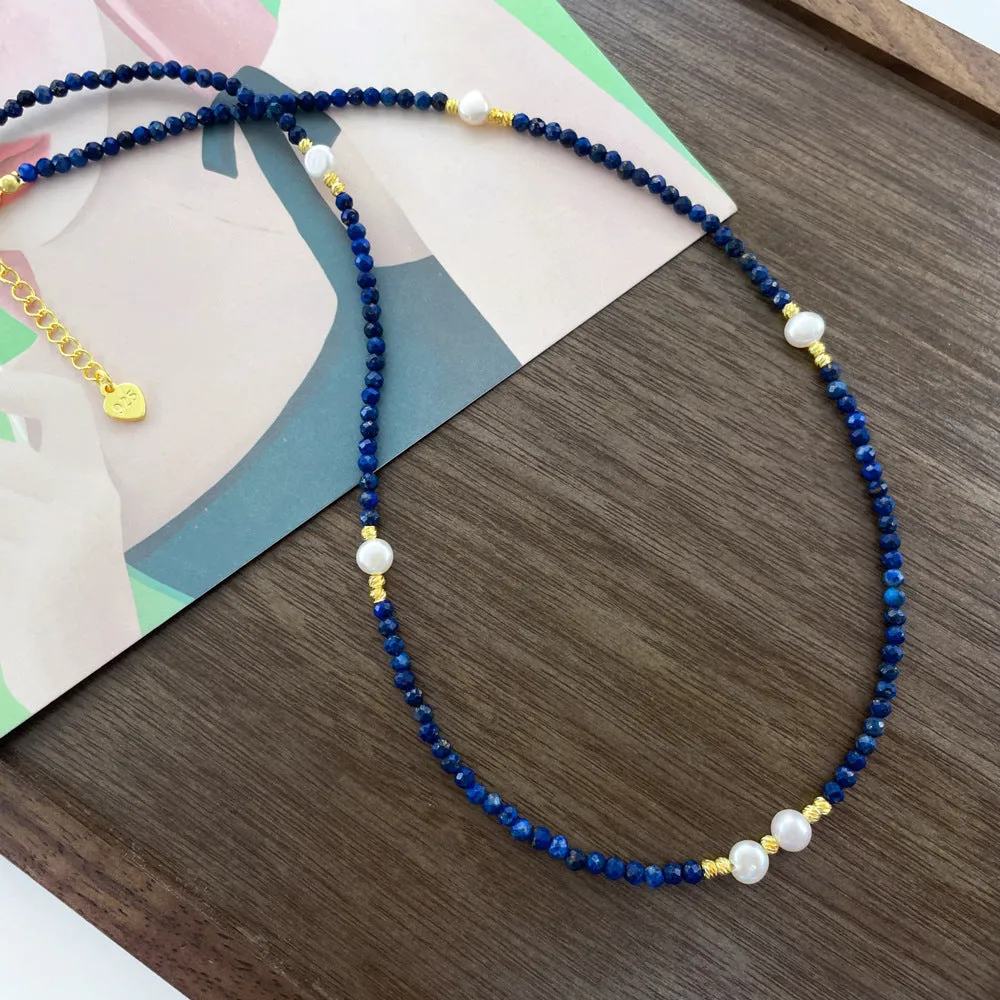 Natural lapis lazuli pendant necklace with copper setting on ball bead chain, adjustable 41-50cm, handmade women's jewellery