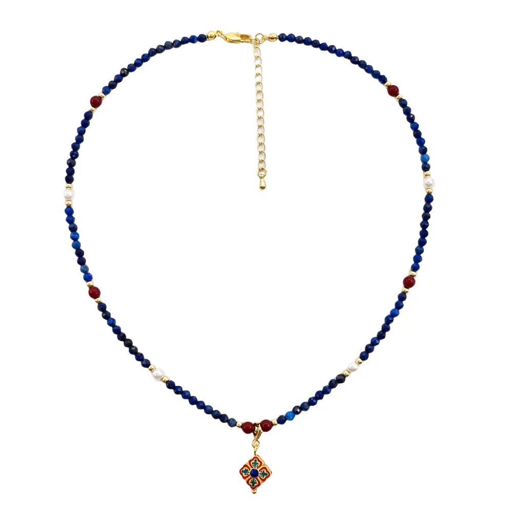 Natural lapis lazuli pendant necklace with copper setting on ball bead chain, adjustable 41-50cm, handmade women's jewellery