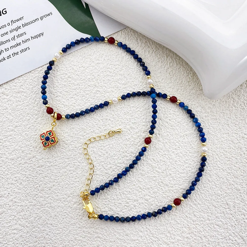 Natural lapis lazuli pendant necklace with copper setting on ball bead chain, adjustable 41-50cm, handmade women's jewellery