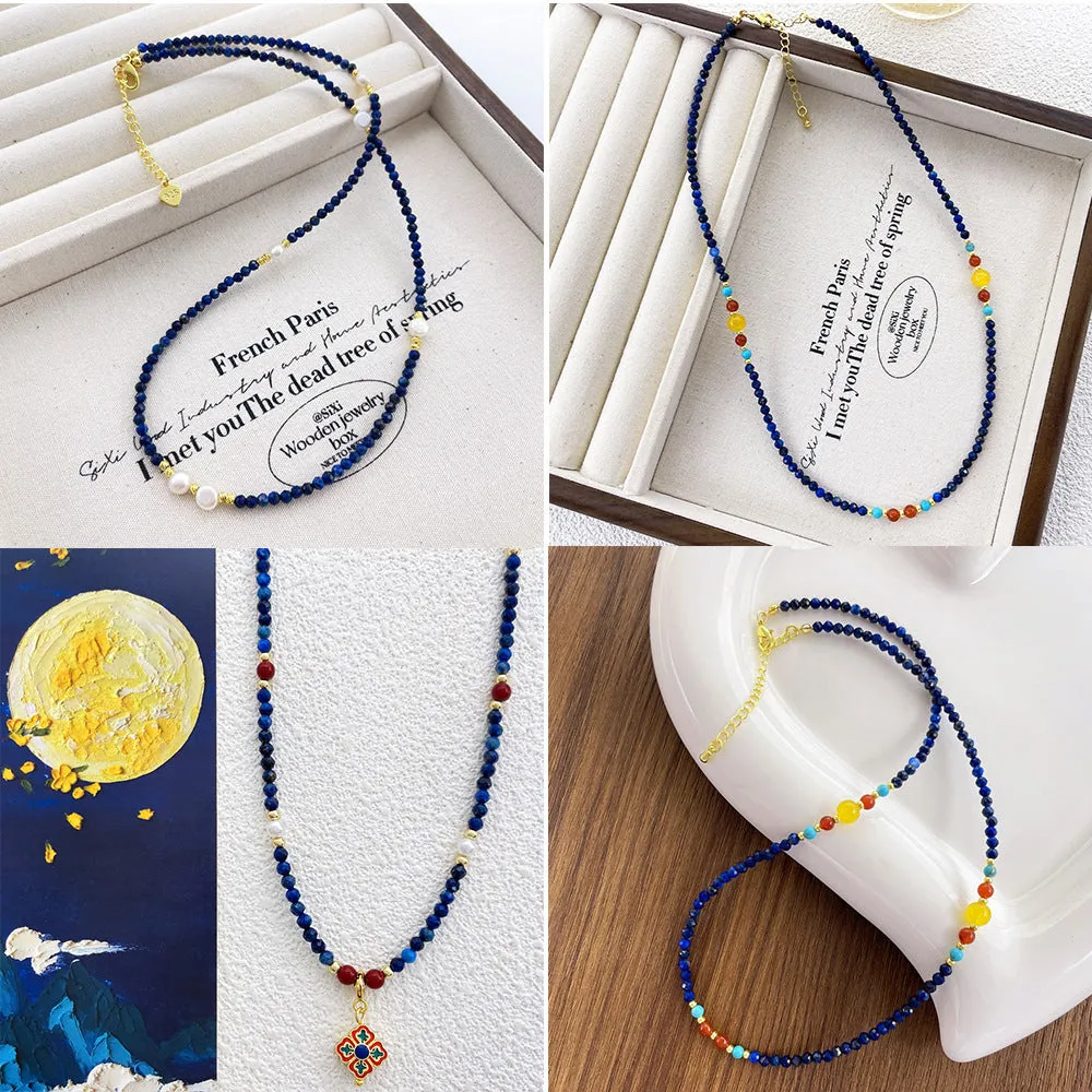 Natural lapis lazuli pendant necklace with copper setting on ball bead chain, adjustable 41-50cm, handmade women's jewellery