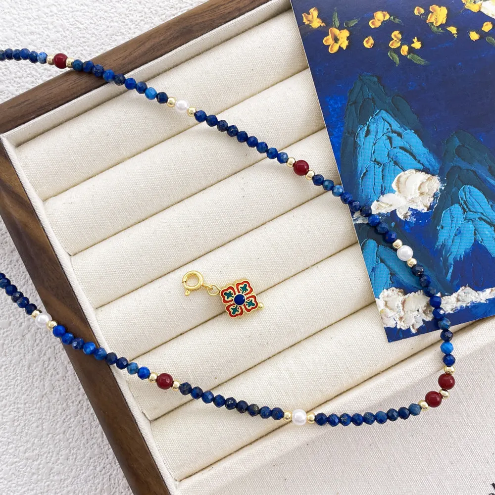 Natural lapis lazuli pendant necklace with copper setting on ball bead chain, adjustable 41-50cm, handmade women's jewellery