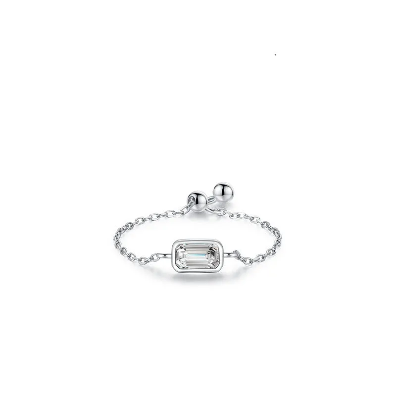 S925 sterling silver inlaid zircon ring with geometric chamfered square pattern and adjustable opening
