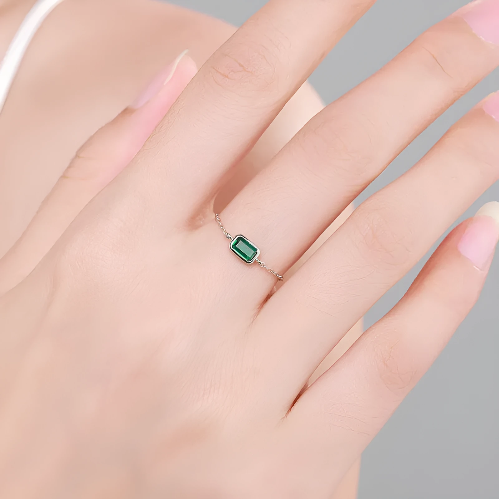 S925 sterling silver inlaid zircon ring with geometric chamfered square pattern and adjustable opening