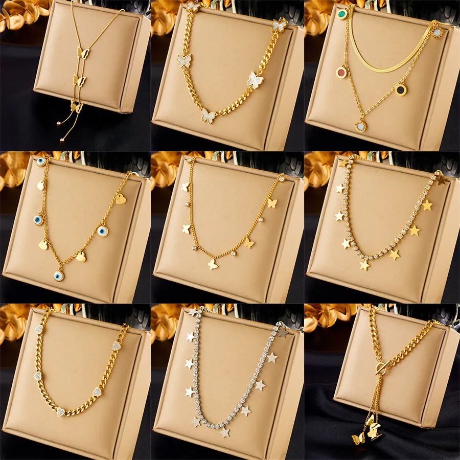Women's multi-layer twin butterfly XINGX diamond-studded titanium steel pendant necklace on adjustable chain