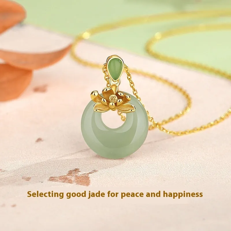 Hetian jade peace buckle pendant necklace on 925 silver yellow gold electroplated O-shaped chain, adjustable 41-50 cm