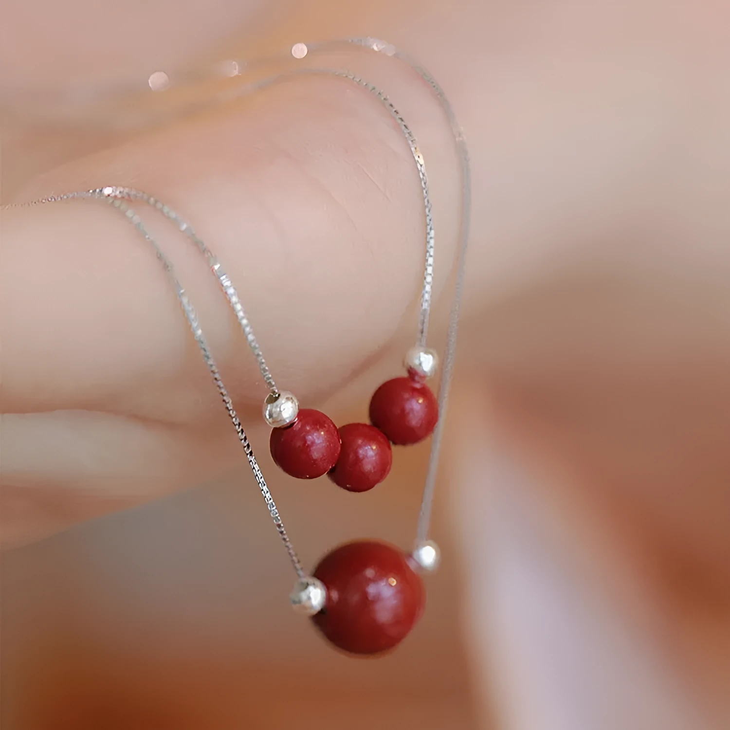 Cinnabar 925 sterling silver necklace for women with handcrafted pendant on adjustable clavicle chain
