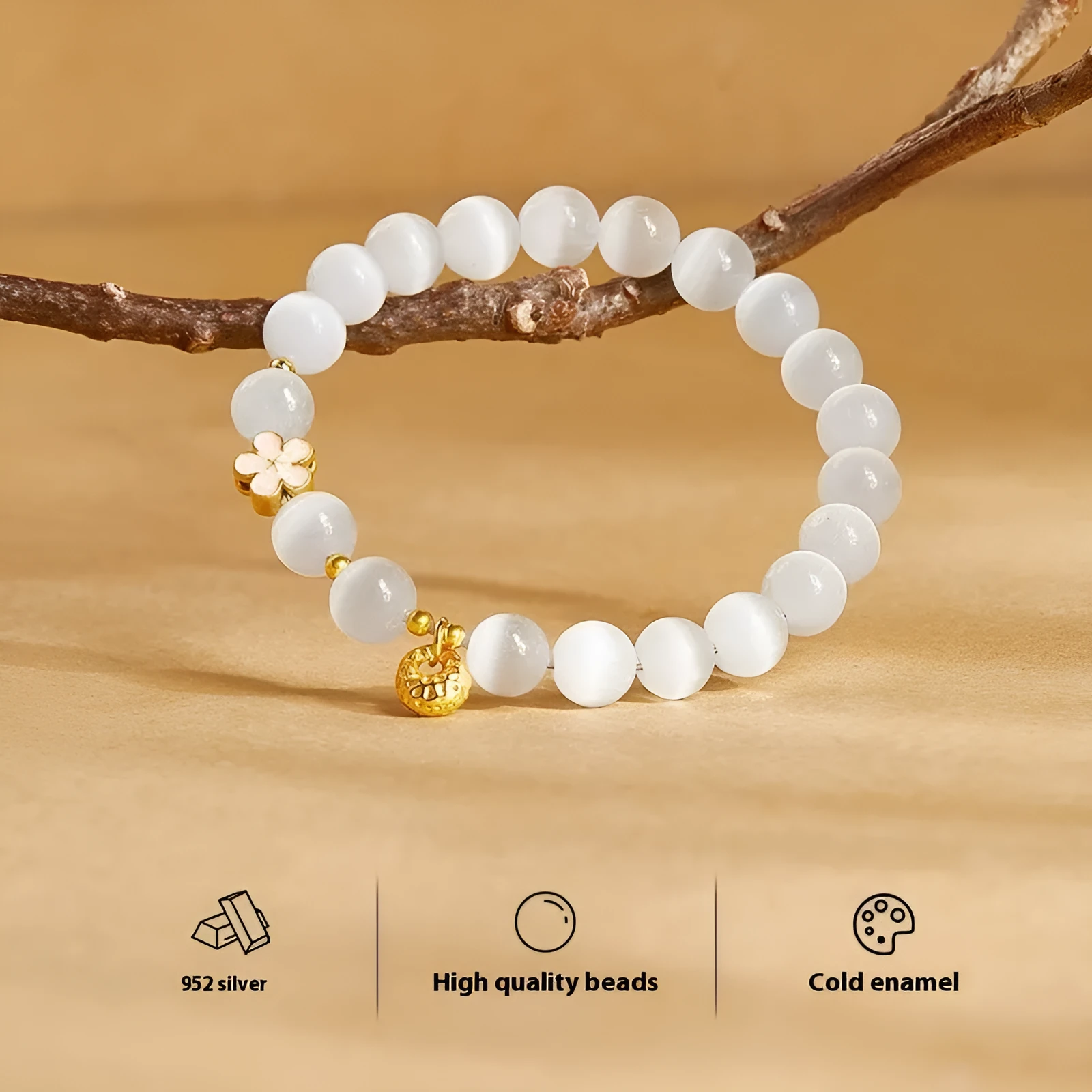 Sterling silver character fu bag bracelet with cold enamel peach blossom opal, flower shape, Gray Island Peach Blossom style, on white background