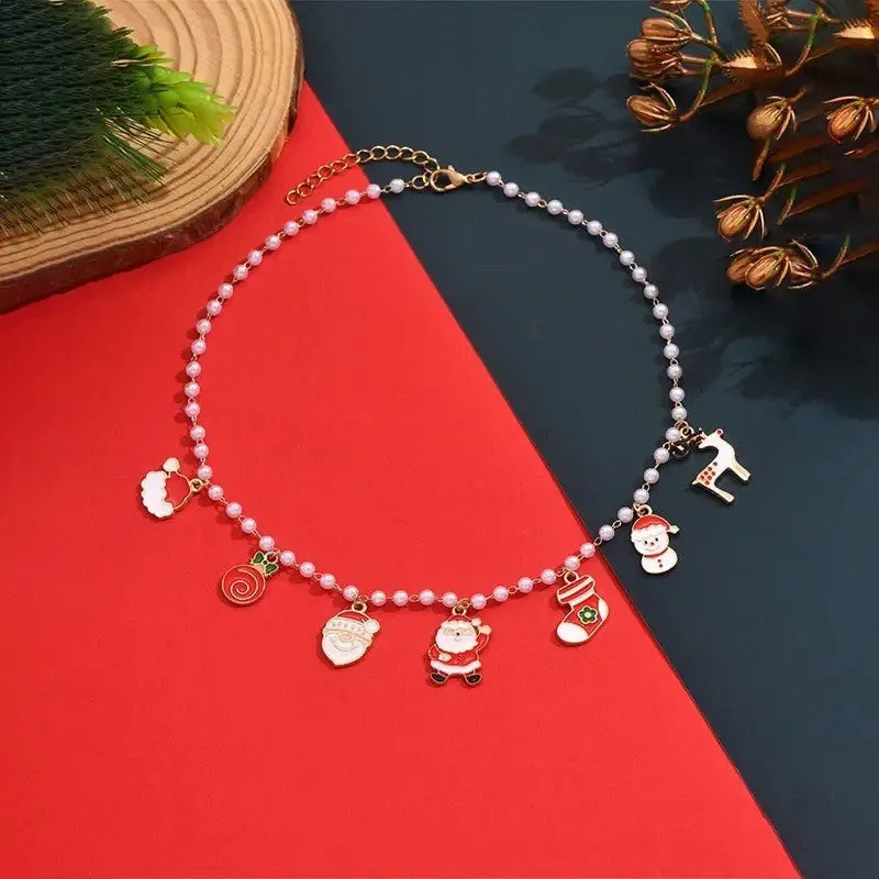 Cute cartoon round pendant imitation pearl clavicle chain for women, multicoloured alloy necklace on display