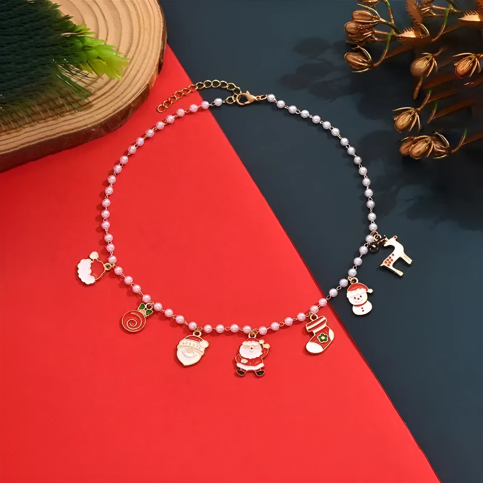 Cute cartoon round pendant imitation pearl clavicle chain for women, multicoloured alloy necklace on display