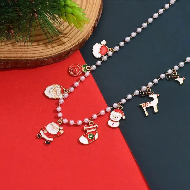 Cute cartoon round pendant imitation pearl clavicle chain for women, multicoloured alloy necklace on display