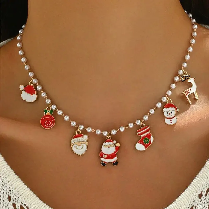 Cute cartoon round pendant imitation pearl clavicle chain for women, multicoloured alloy necklace on display