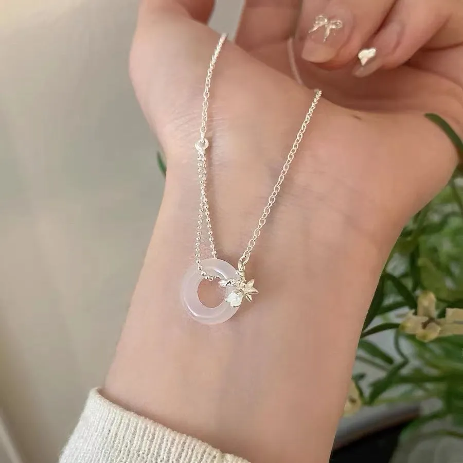 925 silver tulip white jade peace buckle necklace with cross chain on woman