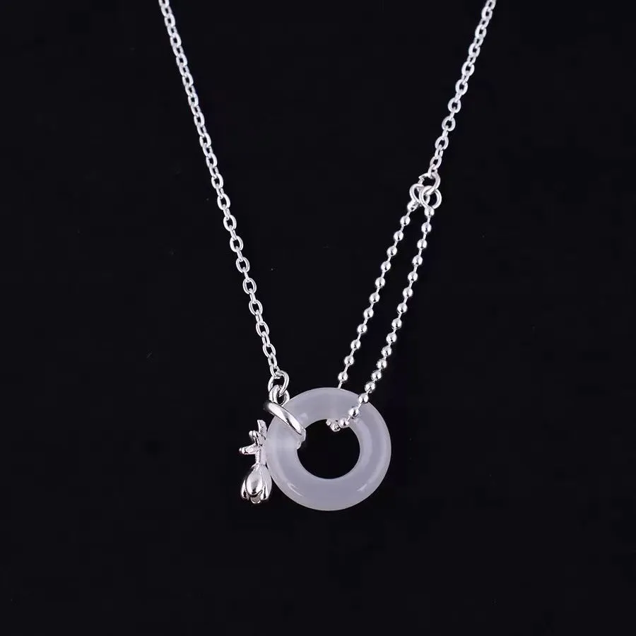 925 silver tulip white jade peace buckle necklace with cross chain on woman