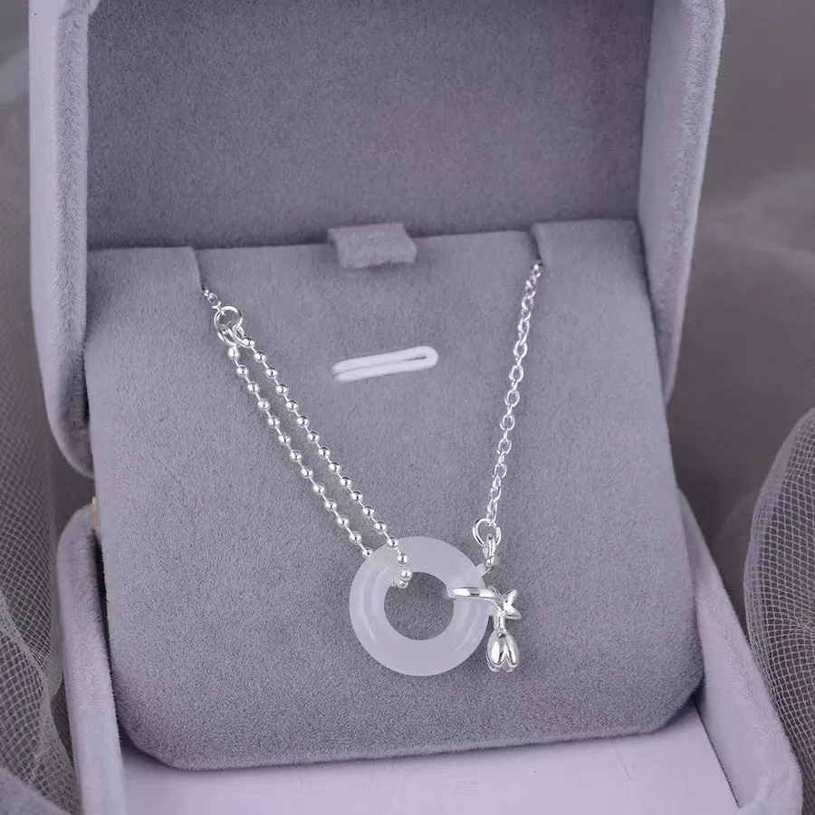 925 silver tulip white jade peace buckle necklace with cross chain on woman