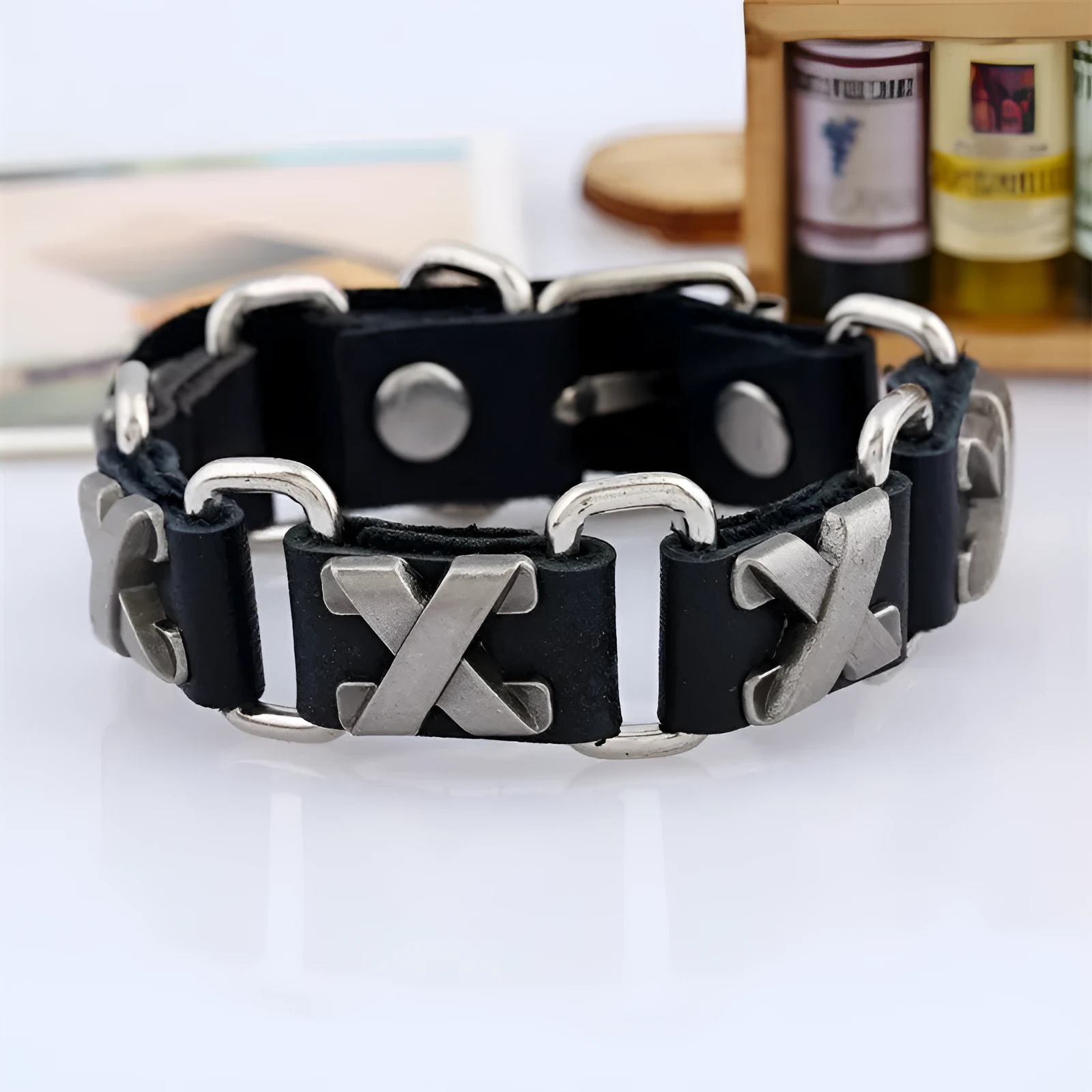 Handmade leather bracelet with retro geometric letter connection design in black colour option