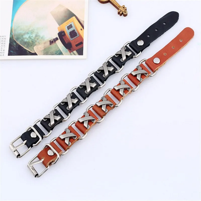 Handmade leather bracelet with retro geometric letter connection design in black colour option