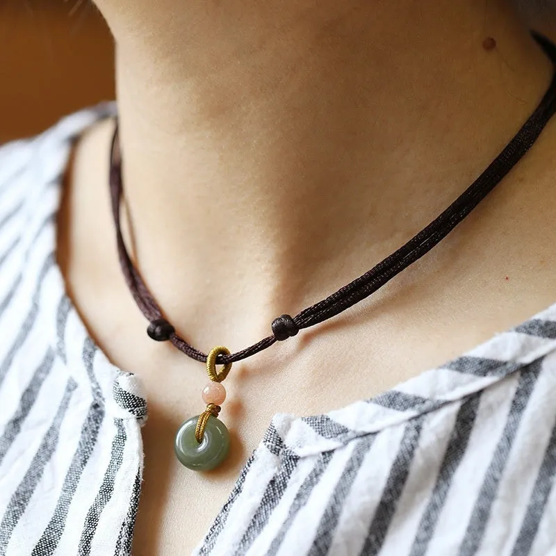 Natural Hetian jade short necklace with lotus seedpod pendant on green rope, handmade simple style
