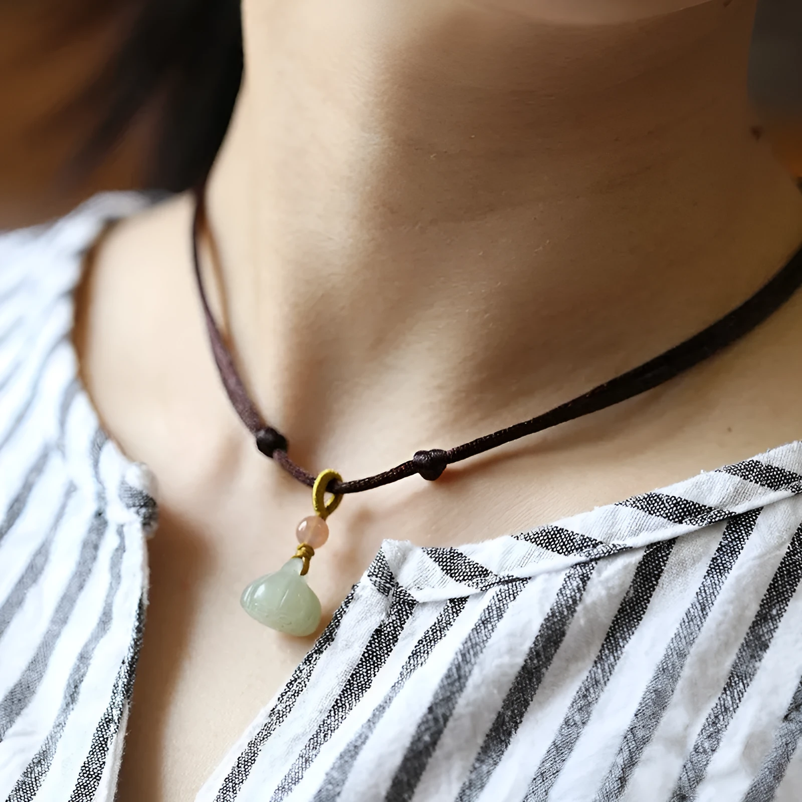 Natural Hetian jade short necklace with lotus seedpod pendant on green rope, handmade simple style