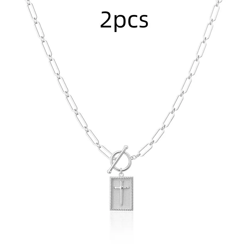 Gold stainless steel clip necklace with cross and square pendant on clip chain