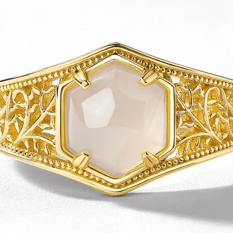 Retro geometric hexagon Hetian jade ring with 10k gold swimming paint finish on silver band, adjustable opening for women